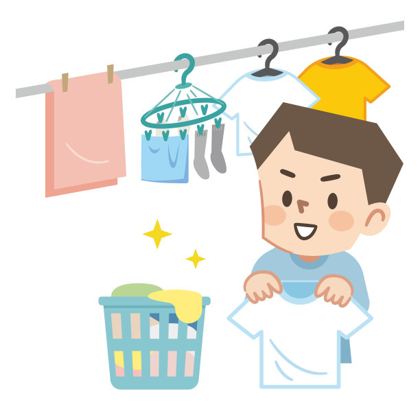 一个微笑的年轻人挂出衣服的矢量插图图片下载