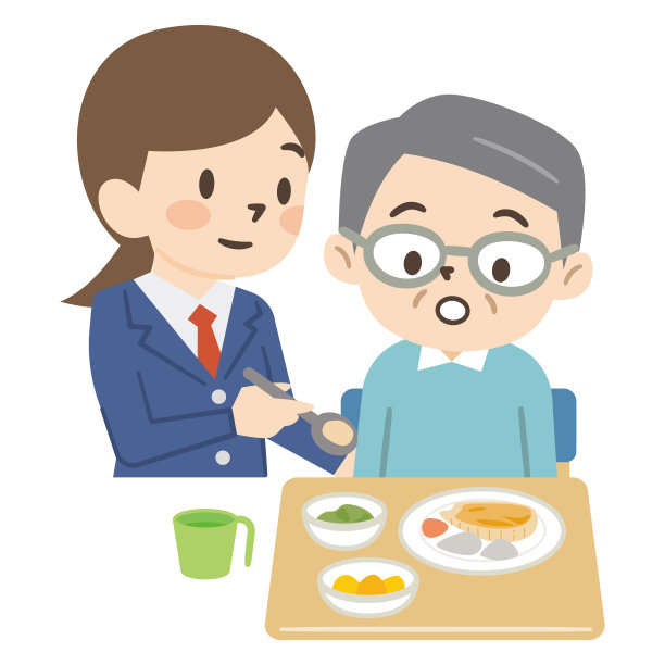 一个女孩帮她爷爷吃饭的插图图片下载