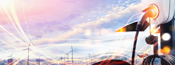 电动汽车充电站采用绿色可持续能源的概念，由可再生资源生产，供应给充电站，以减少二氧化碳的排放。图片下载