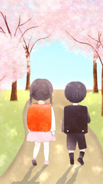 小学生们沿着一条种满樱桃树的小路上学。图片下载