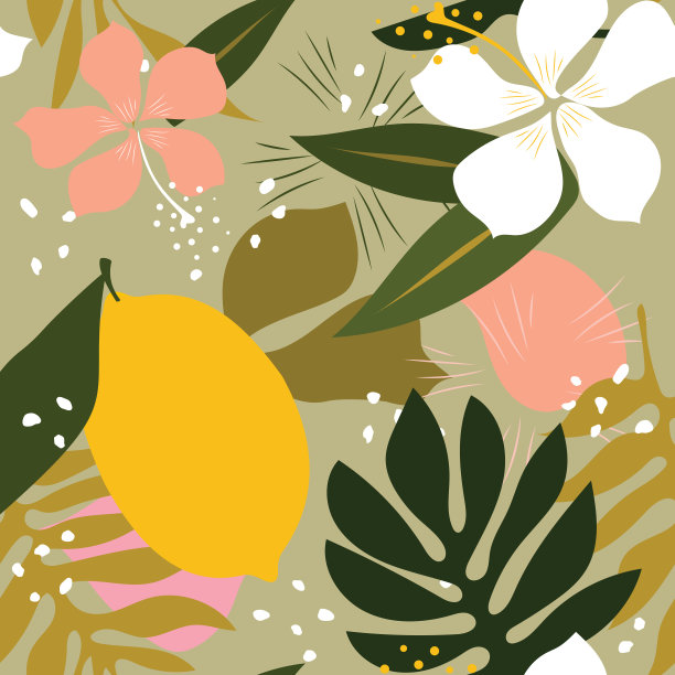 热带树叶、芙蓉花和柠檬构成了现代纺织品色彩斑斓的植物无缝图案。向量。图片下载