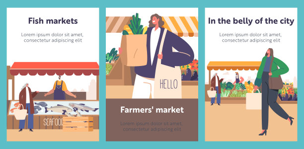 卡通横幅上有拥挤的食品市场，人们在购买新鲜产品。摊主展示他们的商品图片下载
