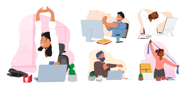 一组男性和女性角色在办公室使用运动设备锻炼。工作场所健康习惯的概念图片下载