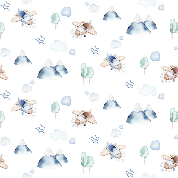 水彩飞机孩子无缝模式。水彩玩具背景宝宝卡通可爱的飞行员河马，斑马带河马，航空狮子空中运输机，白云。图片下载