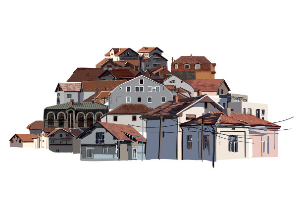 一群白墙红墙的小房子图片下载