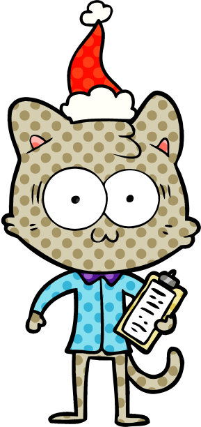 手绘漫画风格的插图，惊奇的办公室职员猫戴着圣诞老人的帽子图片下载