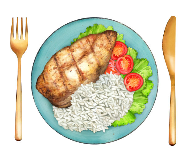 鸡胸肉配米饭和西红柿。水彩插图图片下载