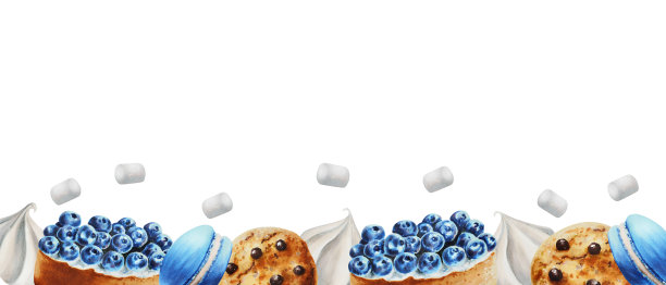 水彩画框配饼干、蛋白酥、棉花糖、蓝莓馅饼、蛋白杏仁饼。手绘甜美的白色孤立的背景。为设计师，菜单，商店，酒吧，小酒馆，餐厅，明信片，包装纸，封面。海报及纺织品图片下载