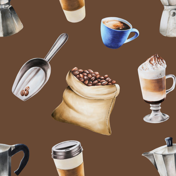 水彩无缝模式与咖啡制作工具。拿铁，浓缩咖啡，美式咖啡。手绘在孤立的背景。为设计师，菜单，商店，酒吧，小酒馆，餐厅，明信片，包装纸，封面。海报及纺织品图片下载