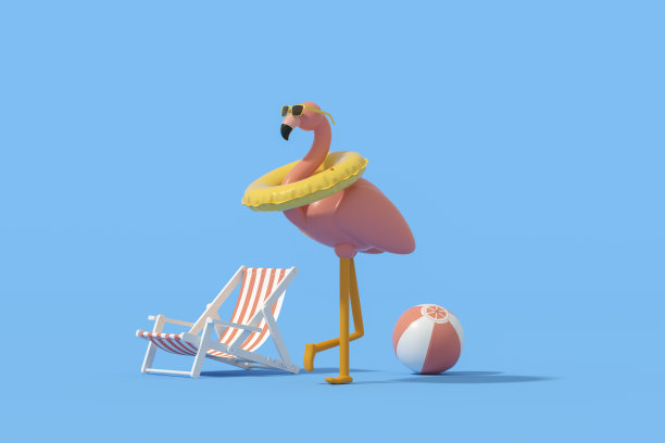 充气火烈鸟太阳镜和游泳戒指在蓝色背景最小的夏季旅行假期背景图片下载