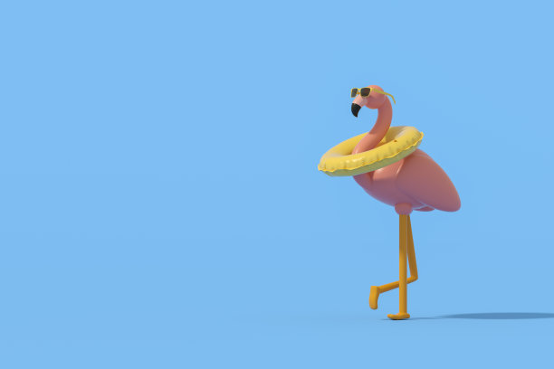 充气火烈鸟太阳镜和游泳戒指在蓝色背景最小的夏季旅行假期背景图片下载