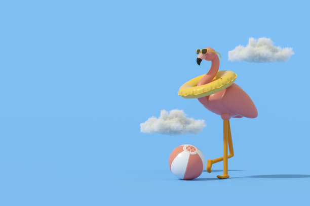 充气火烈鸟与太阳镜在蓝色背景最小的夏季旅游假期背景图片下载