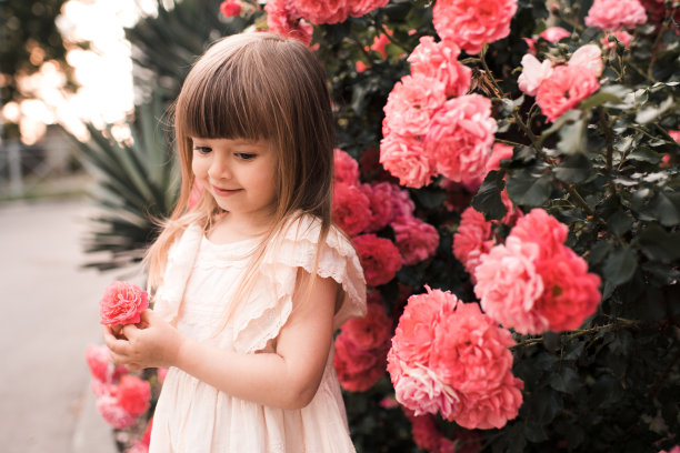 小女孩穿着质朴的连衣裙，在室外的玫瑰花丛中摆姿势图片下载