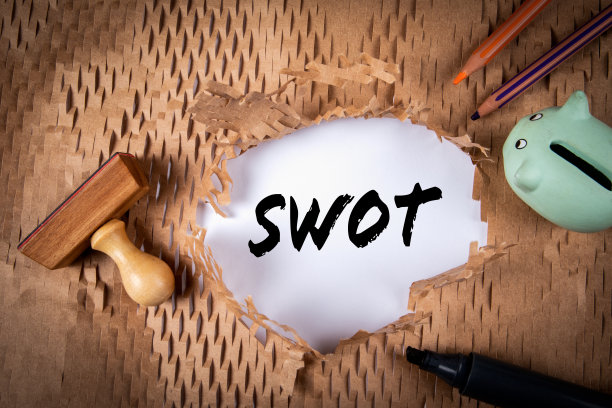 SWOT的概念。办公用品，用破纸板做背景图片下载