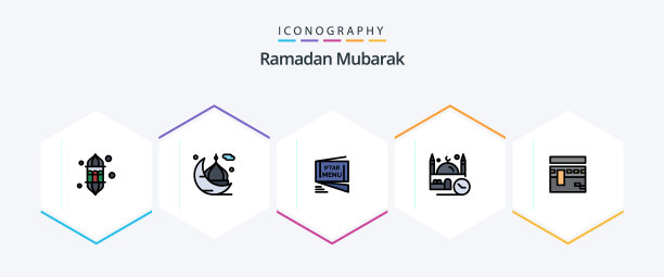 斋月25填充线图标包包括清真寺图片下载