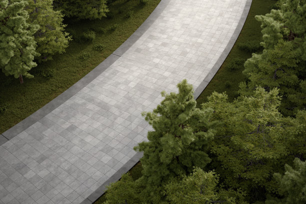 空旷弯曲的混凝土路径与草地和树在俯视图。图片下载