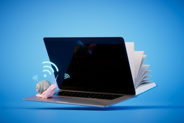 在线培训。Wi-Fi连接速度慢。蜗牛和Wi-Fi图标旁边是一本打开的书和笔记本电脑。三维渲染图片下载