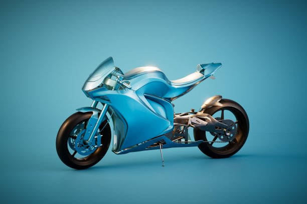 蓝绿色背景上的蓝色赛车摩托车。三维渲染图片下载