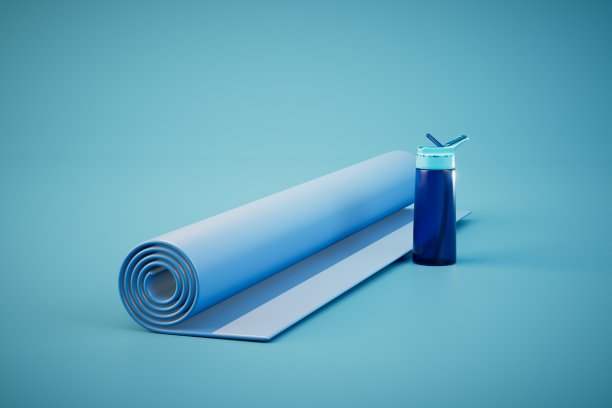 体育的概念。健身垫和摇晃器，用于水或蛋白质奶昔。三维渲染图片下载