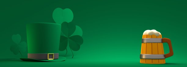 圣帕特里克节贺卡模板。三叶草叶子，啤酒杯和绿色的小妖精礼帽。三维渲染图片下载