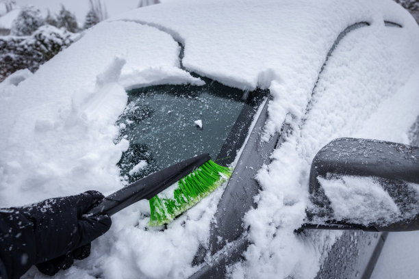 在冬季暴风雪中清理车窗上的积雪图片下载