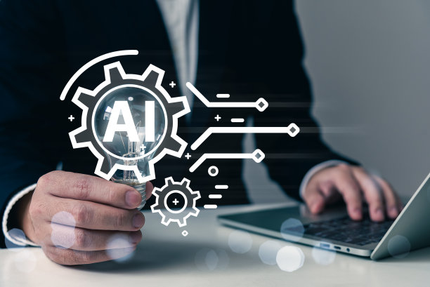 AI(人工智能)概念，云计算，商人手持灯泡触摸AI信息图，齿轮图标，创意，AI技术，量子计算，自动化。图片下载