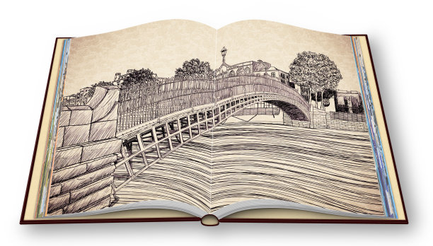 都柏林最著名的桥被称为半便士桥-自由手绘概念图像-一个打开的照片本孤立在白色的3D渲染图片下载