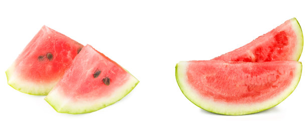 白色背景上的成熟红西瓜片。宽的照片。图片下载