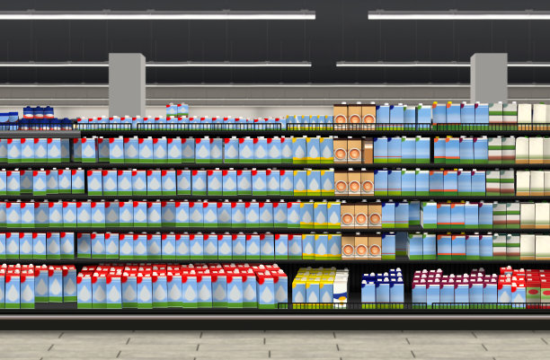 食品杂货店货架上的牛奶包装图片下载