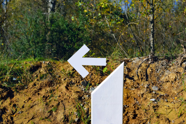 杆子上的白色标志指示森林里向左的方向图片下载