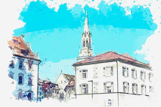在圣加伦的水彩画美丽的街景。联合国教科文组织世界遗产这个世界，著名的地标在瑞士。图片下载