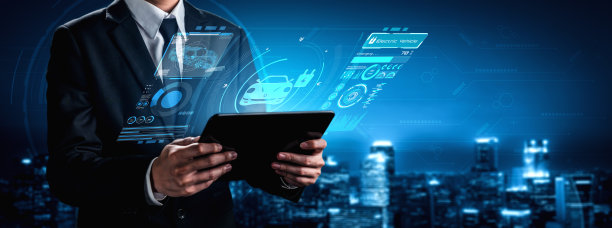 电动汽车虚拟现实概念，电动汽车充电站提供绿色能源和可持续来源的生态电力，供应给充电站，以减少二氧化碳排放。图片下载