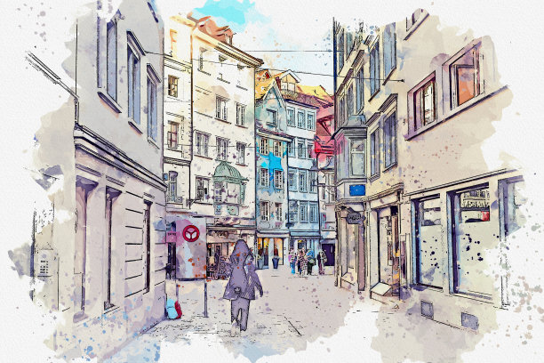 在圣加伦的水彩画美丽的街景。联合国教科文组织世界遗产这个世界，著名的地标在瑞士。图片下载