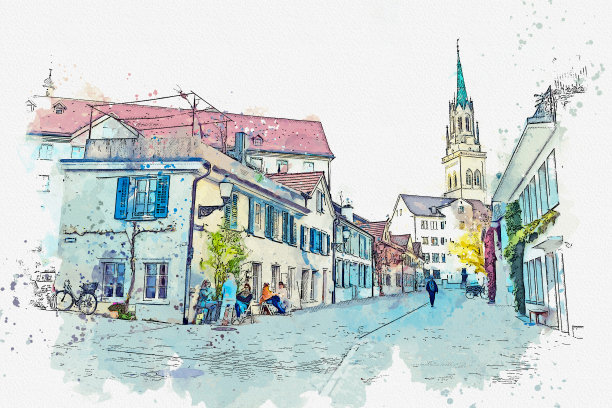 在圣加伦的水彩画美丽的街景。联合国教科文组织世界遗产这个世界，著名的地标在瑞士。图片下载