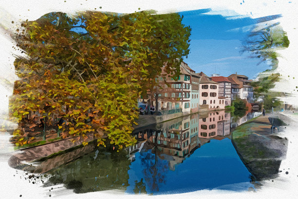 斯特拉斯堡水彩画市景，法国美丽的地标。图片下载