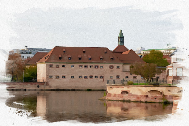 斯特拉斯堡水彩画市景，法国美丽的地标。图片下载