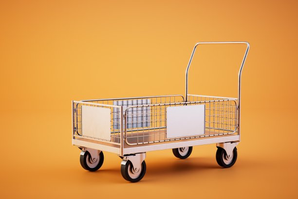 橙色背景的运送包裹的手推车。三维渲染图片下载