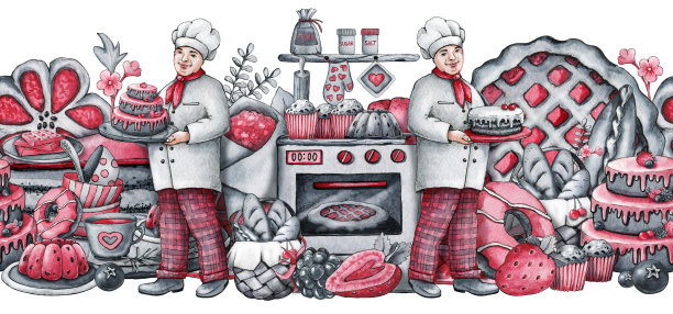 厨师面包师，厨师，厨房用具，厨房用具，甜派。无缝边界，手绘水彩插图孤立在白色背景图片下载