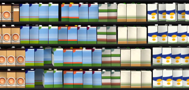 货架上的牛奶包装特写图片下载