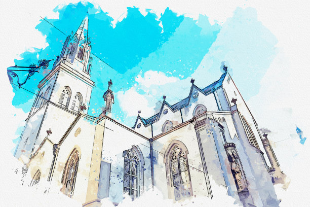 在圣加伦的水彩画美丽的街景。联合国教科文组织世界遗产这个世界，著名的地标在瑞士。图片下载