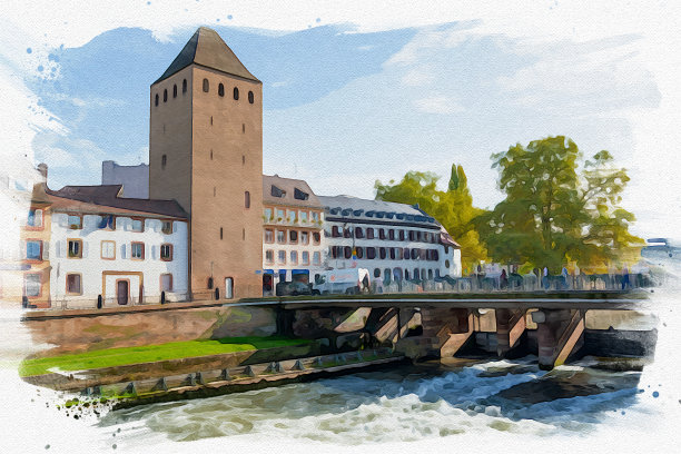 斯特拉斯堡水彩画市景，法国美丽的地标。图片下载