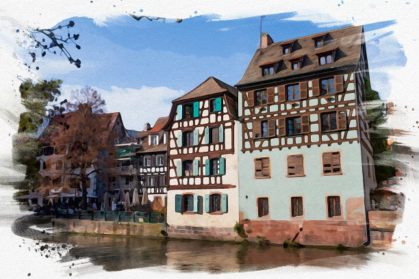 斯特拉斯堡水彩画市景，法国美丽的地标。图片下载