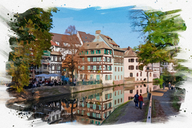 斯特拉斯堡水彩画市景，法国美丽的地标。图片下载
