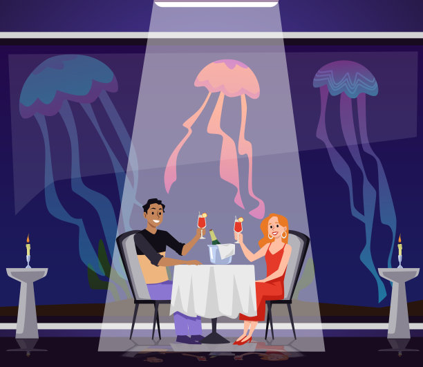 情侣在餐厅吃浪漫晚餐，有大水族馆和水母，平面矢量插图。男女庆祝周年纪念日或情人节。图片下载