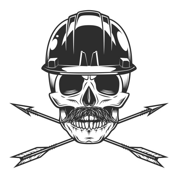 骷髅与胡子在建筑头盔安全帽和复古狩猎箭头在单色风格的设计元素标签或标志和标志隔离矢量插图图片下载