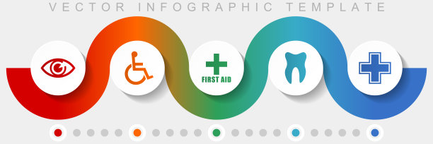 医院信息图矢量模板与图标集，杂图标，如眼睛，轮椅，急救，牙医和十字架的网页设计和移动应用程序图片下载