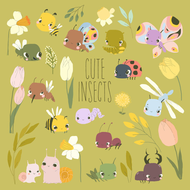 卡通集可爱的小昆虫，花和图片下载