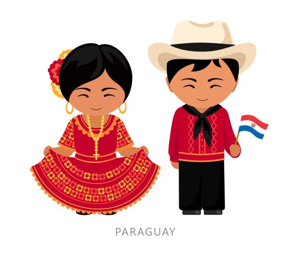 身穿巴拉圭民族服装的男女：穿着传统民族服饰的巴拉圭夫妇卡通人物，扁平矢量插画图片下载