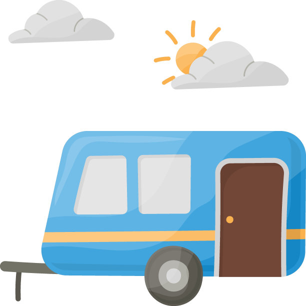 露营车背后的云和太阳概念，旅行拖车矢量颜色图标设计，露营和户外符号，极限运动设备标志，野生动物和探险元素库存插图图片下载