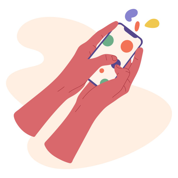 扁平的人手握着智能手机。手机小工具在手，手指敲击手机屏幕平面卡通矢量插图图片下载